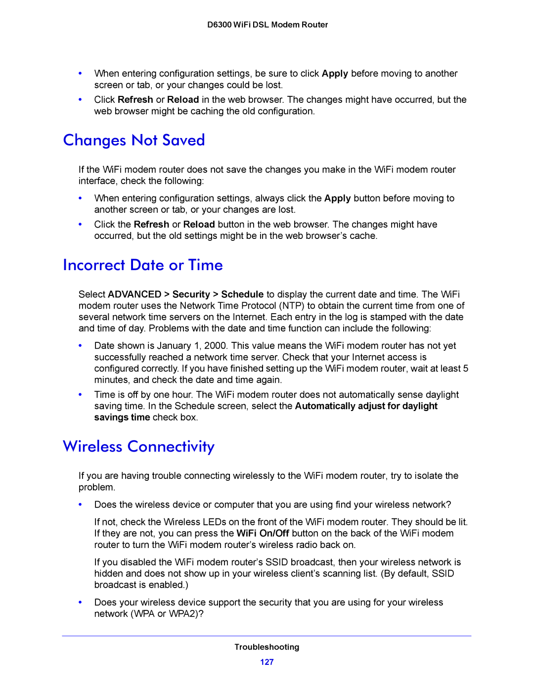 NETGEAR D6300 user manual Changes Not Saved, Incorrect Date or Time, Wireless Connectivity 