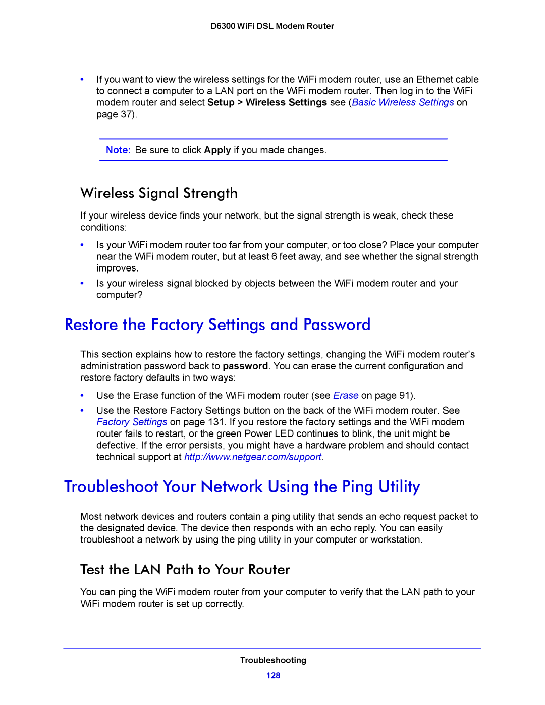 NETGEAR D6300 user manual Restore the Factory Settings and Password, Troubleshoot Your Network Using the Ping Utility 