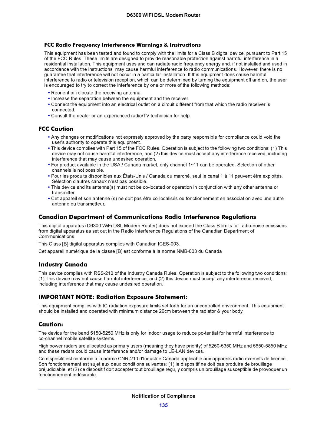 NETGEAR D6300 user manual FCC Caution, Industry Canada, Important Note Radiation Exposure Statement 