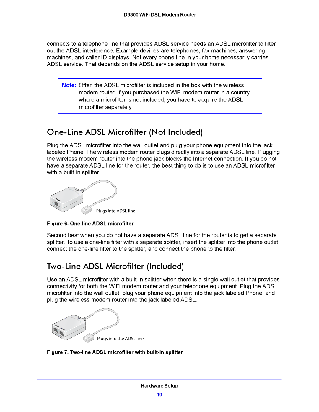 NETGEAR D6300 user manual One-Line Adsl Microfilter Not Included, Two-Line Adsl Microfilter Included 