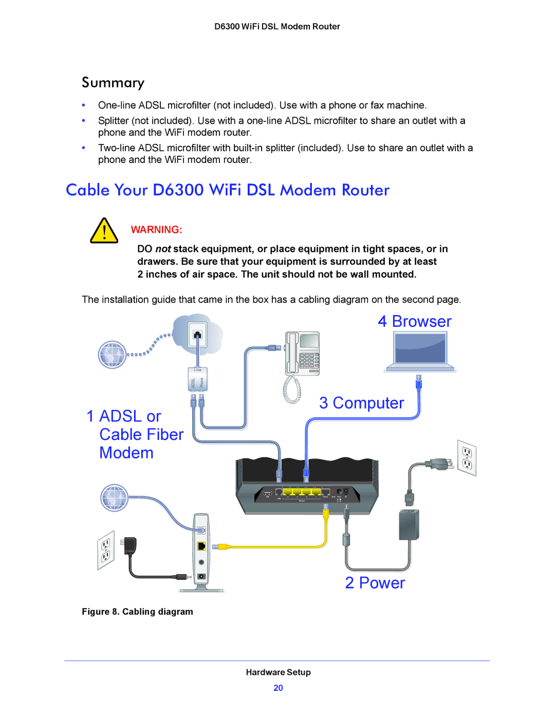 NETGEAR user manual Cable Your D6300 WiFi DSL Modem Router, Adsl or Cable Fiber Modem Browser Computer Power, Summary 