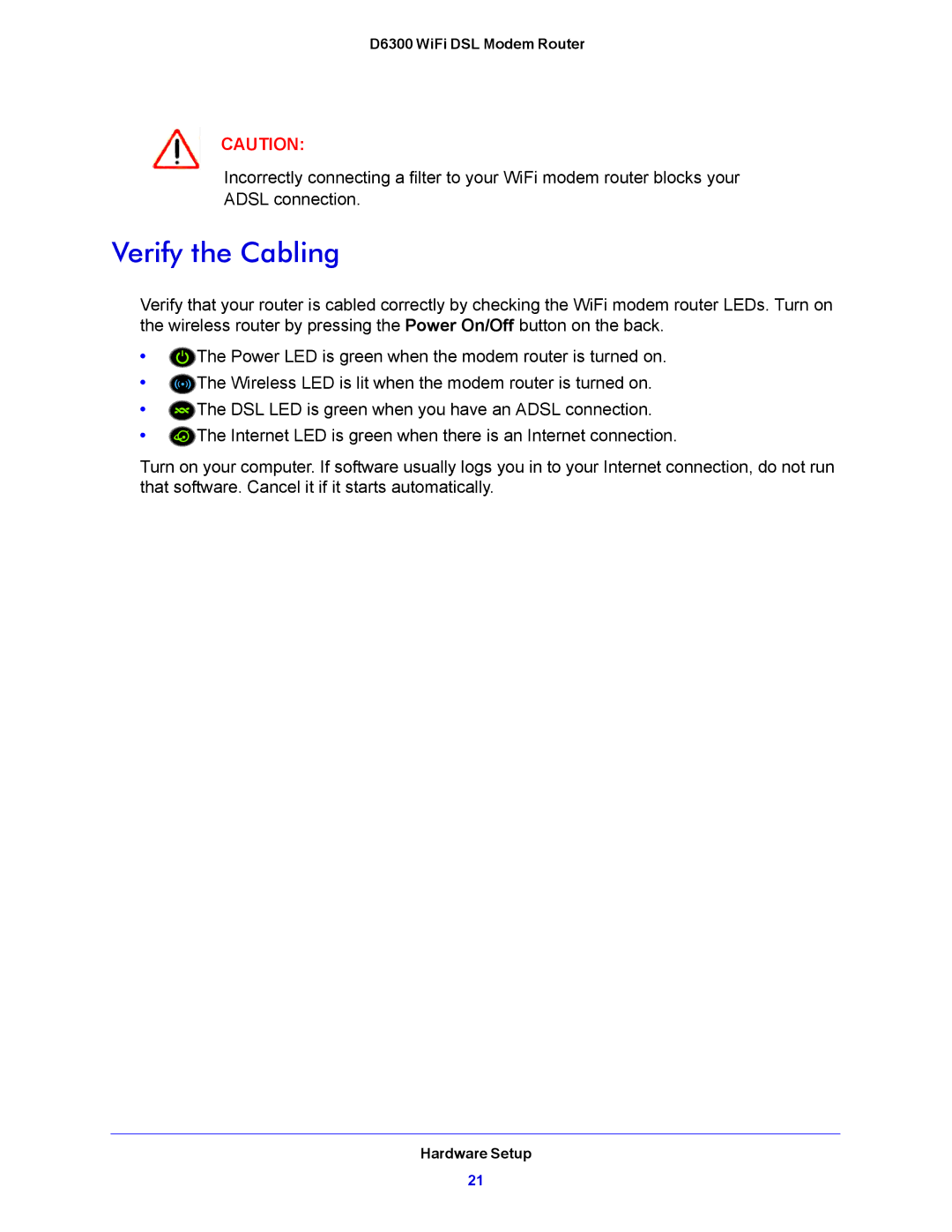 NETGEAR D6300 user manual Verify the Cabling 