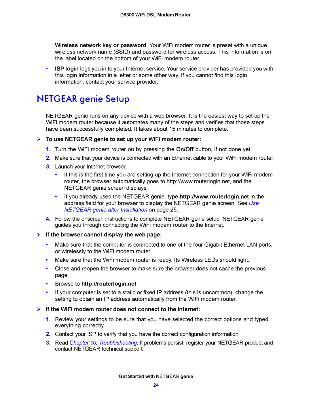 NETGEAR D6300 user manual Netgear genie Setup,  To use Netgear genie to set up your WiFi modem router 