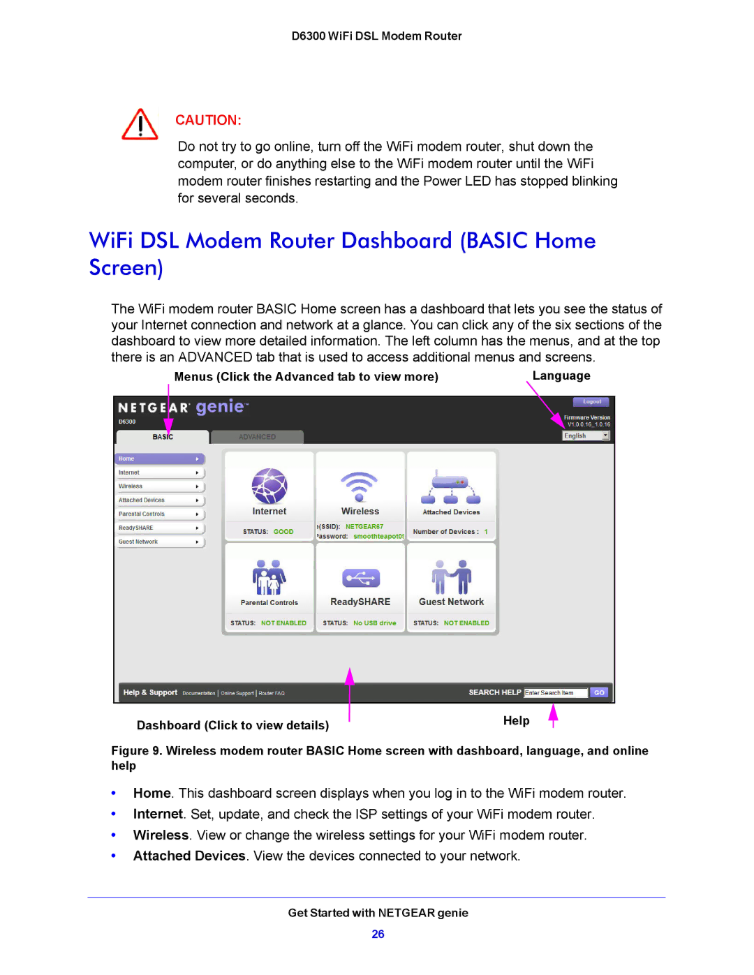 NETGEAR D6300 user manual WiFi DSL Modem Router Dashboard Basic Home Screen 