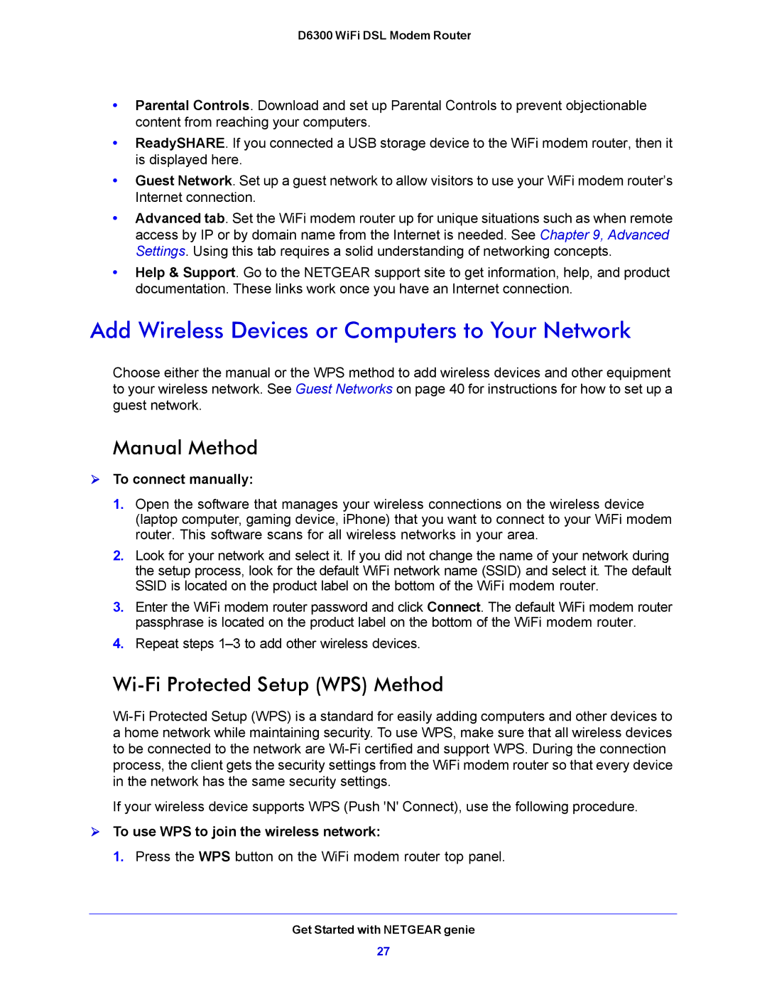 NETGEAR D6300 Add Wireless Devices or Computers to Your Network, Manual Method, Wi-Fi Protected Setup WPS Method 