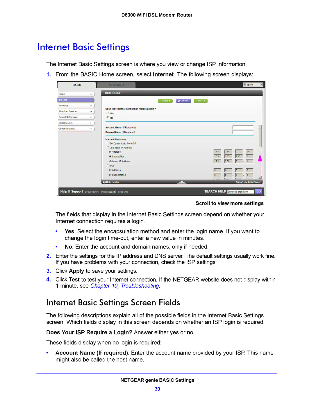 NETGEAR D6300 user manual Internet Basic Settings Screen Fields, Does Your ISP Require a Login? Answer either yes or no 