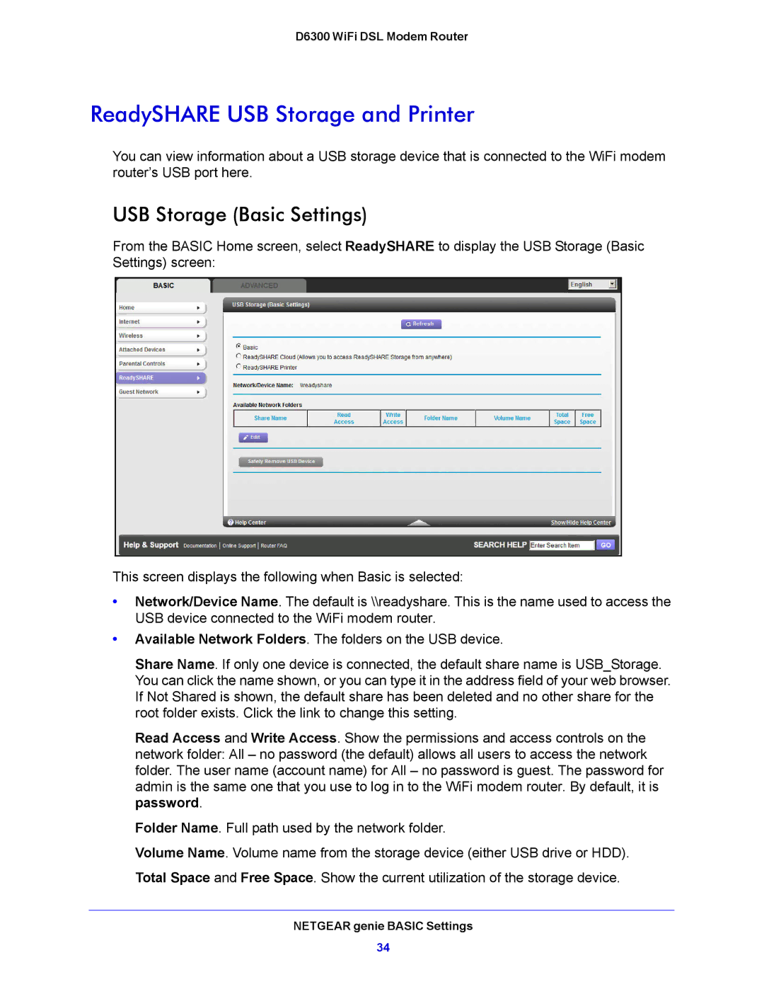 NETGEAR D6300 user manual ReadySHARE USB Storage and Printer, USB Storage Basic Settings 