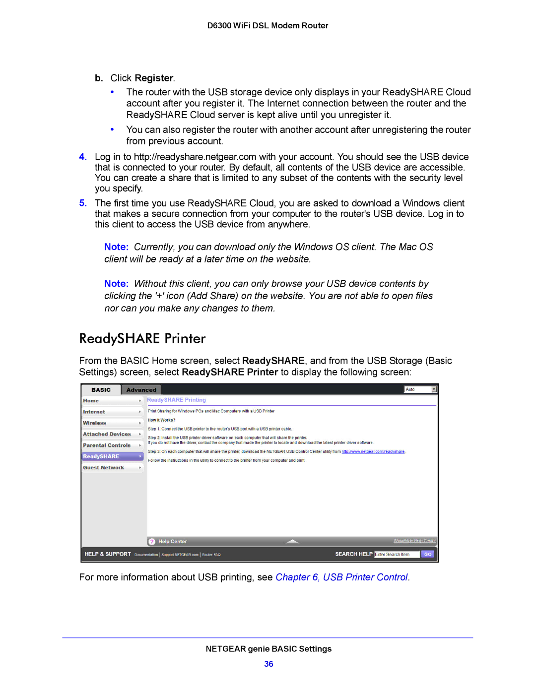 NETGEAR D6300 user manual ReadySHARE Printer, Click Register 