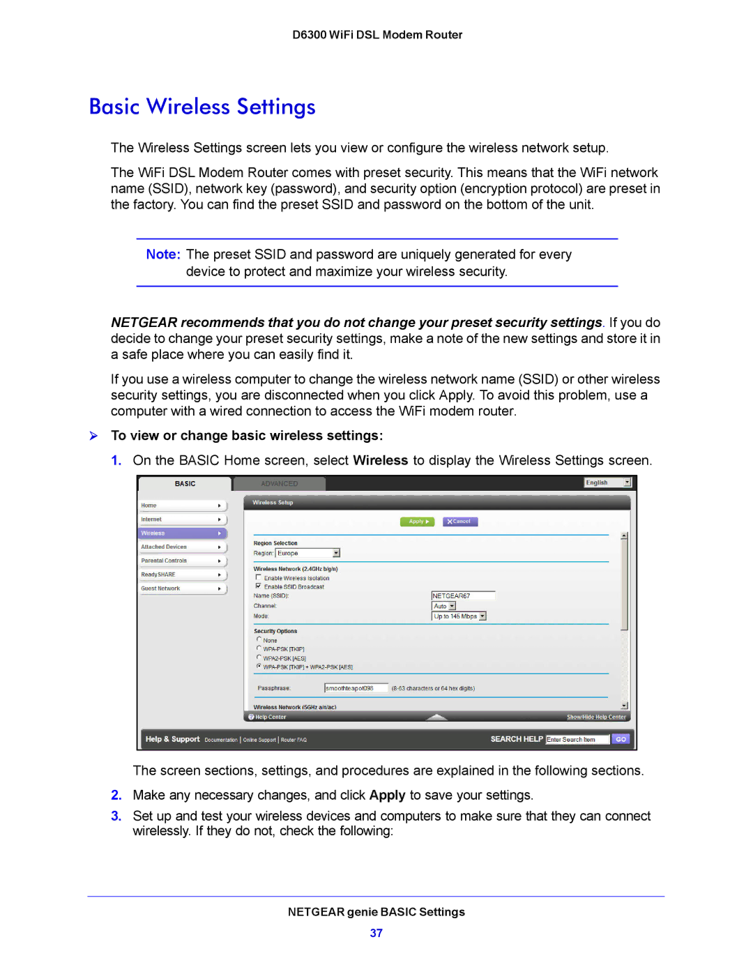 NETGEAR D6300 user manual Basic Wireless Settings,  To view or change basic wireless settings 