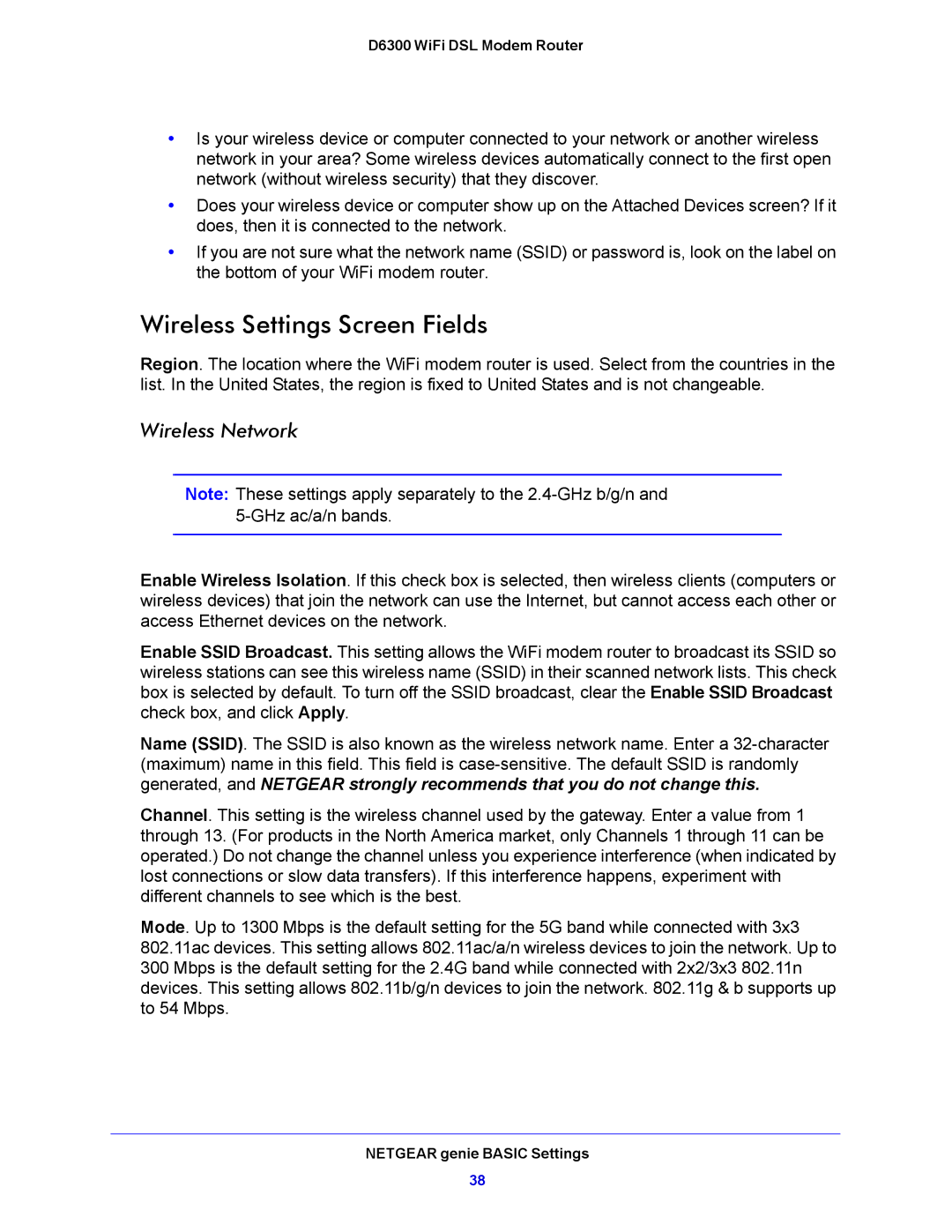 NETGEAR D6300 user manual Wireless Settings Screen Fields, Wireless Network 