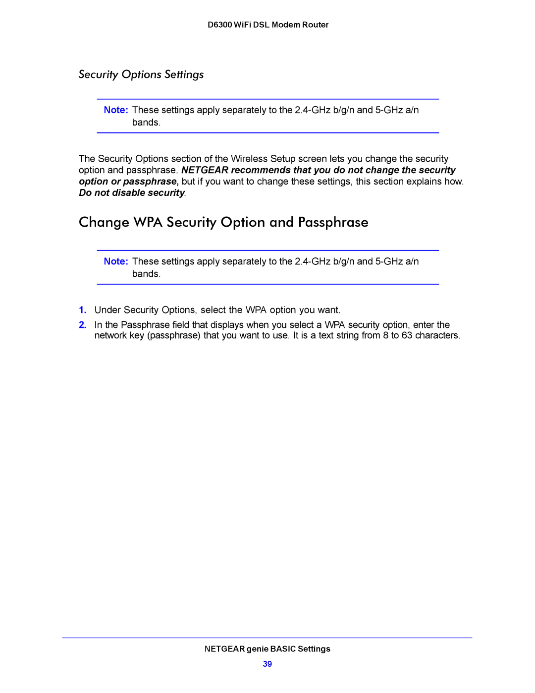 NETGEAR D6300 user manual Change WPA Security Option and Passphrase, Security Options Settings 