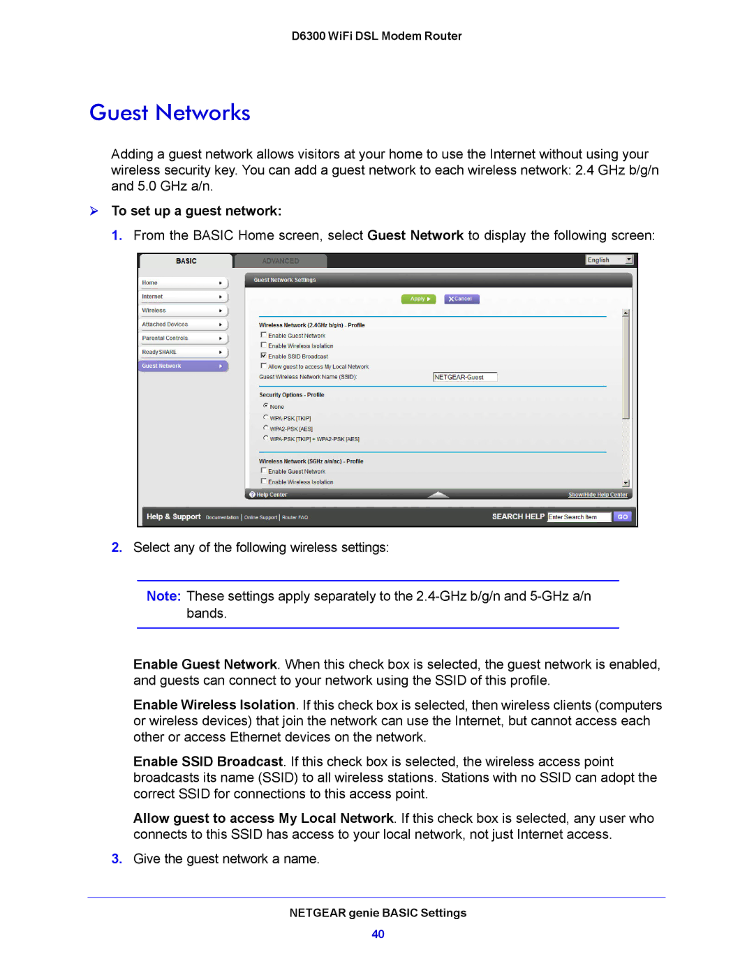 NETGEAR D6300 user manual Guest Networks,  To set up a guest network 