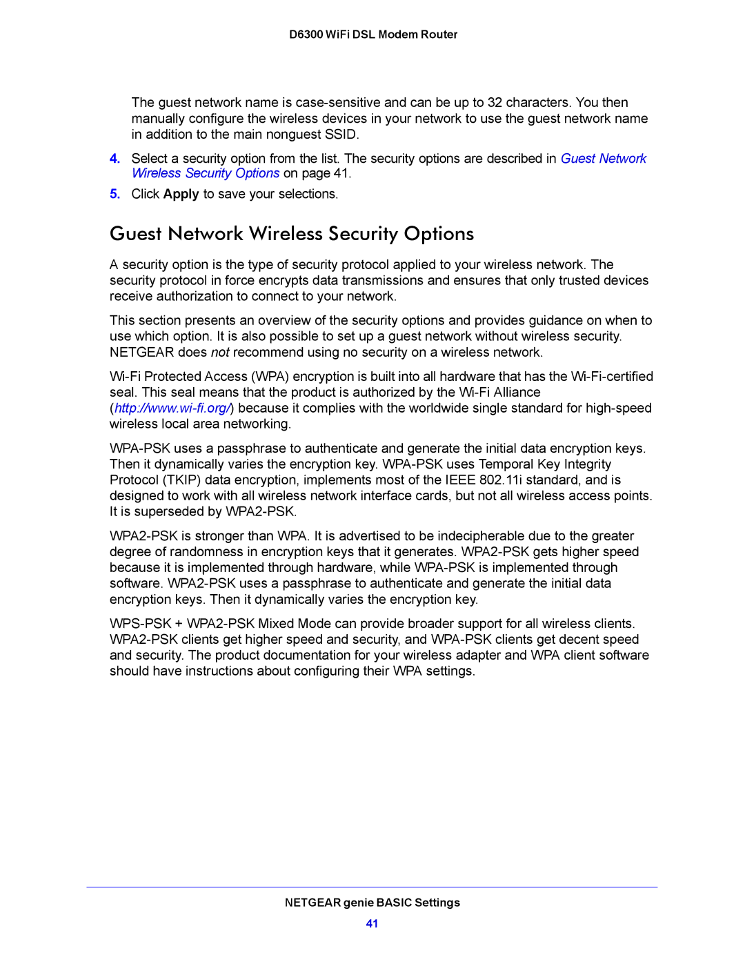 NETGEAR D6300 user manual Guest Network Wireless Security Options 