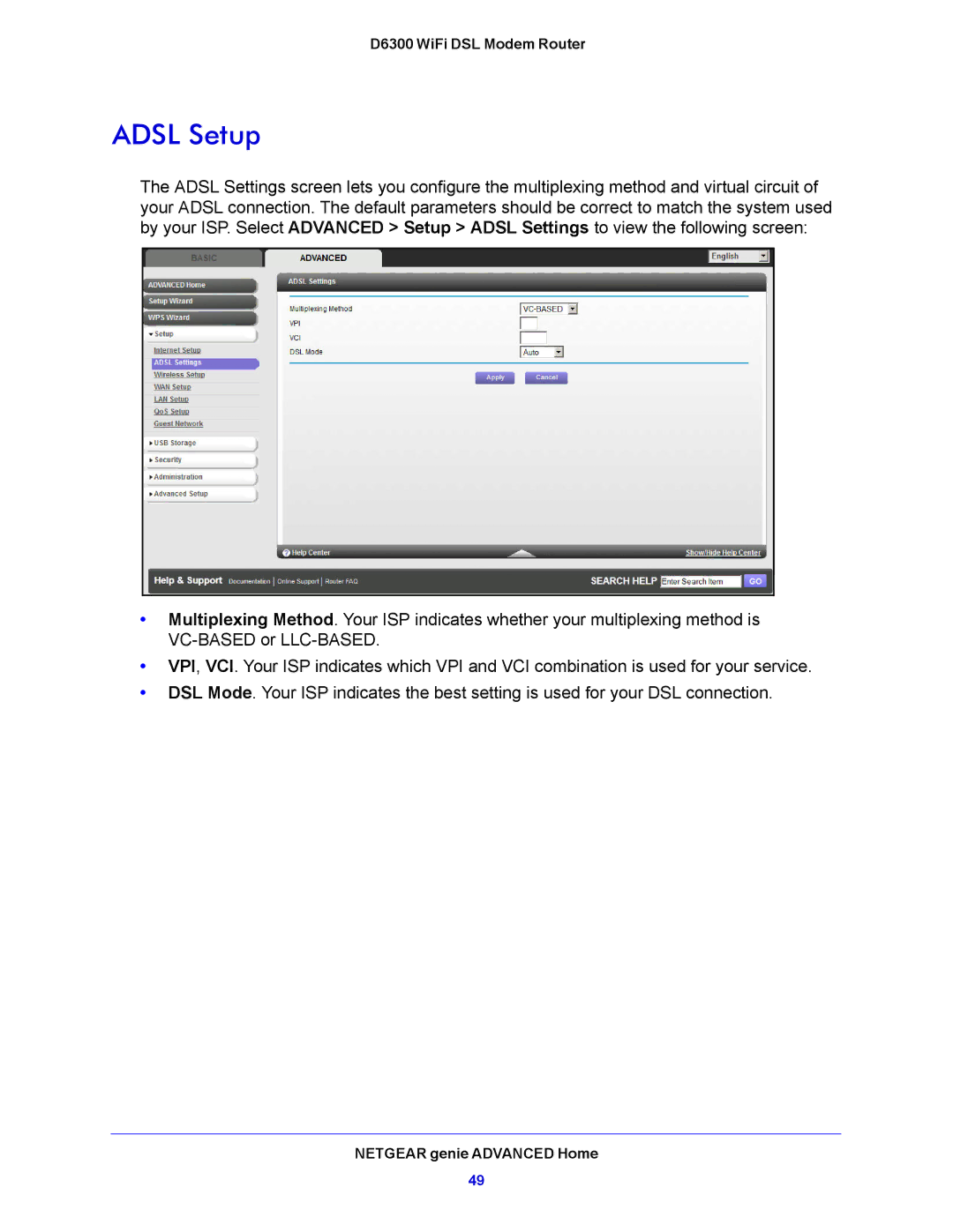 NETGEAR D6300 user manual Adsl Setup 