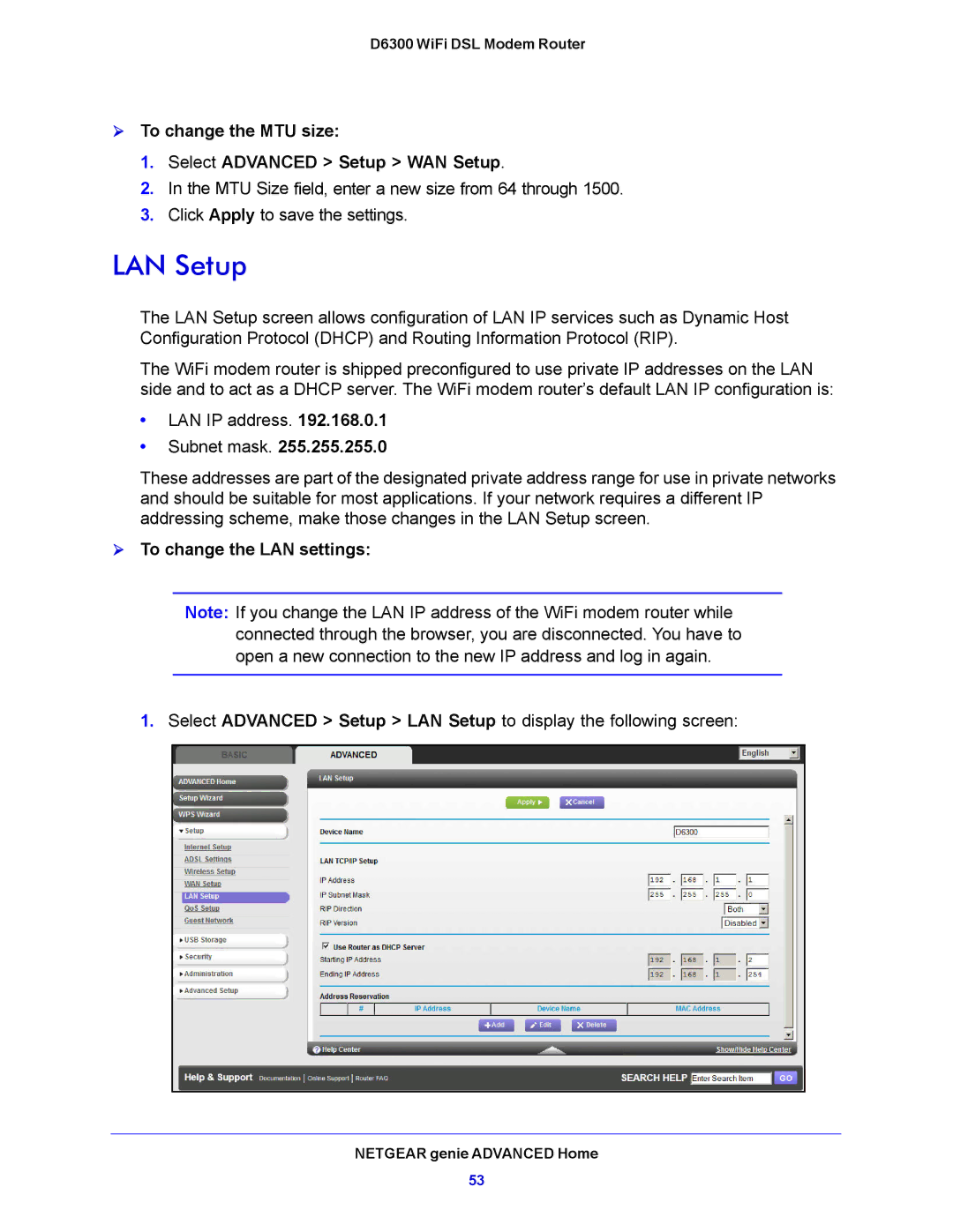 NETGEAR D6300 user manual LAN Setup,  To change the MTU size Select Advanced Setup WAN Setup,  To change the LAN settings 