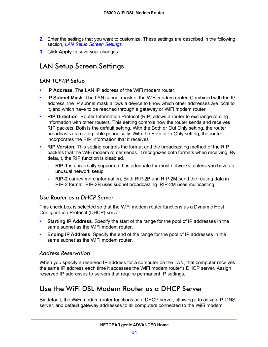 NETGEAR D6300 user manual LAN Setup Screen Settings, Use the WiFi DSL Modem Router as a Dhcp Server, LAN TCP/IP Setup 