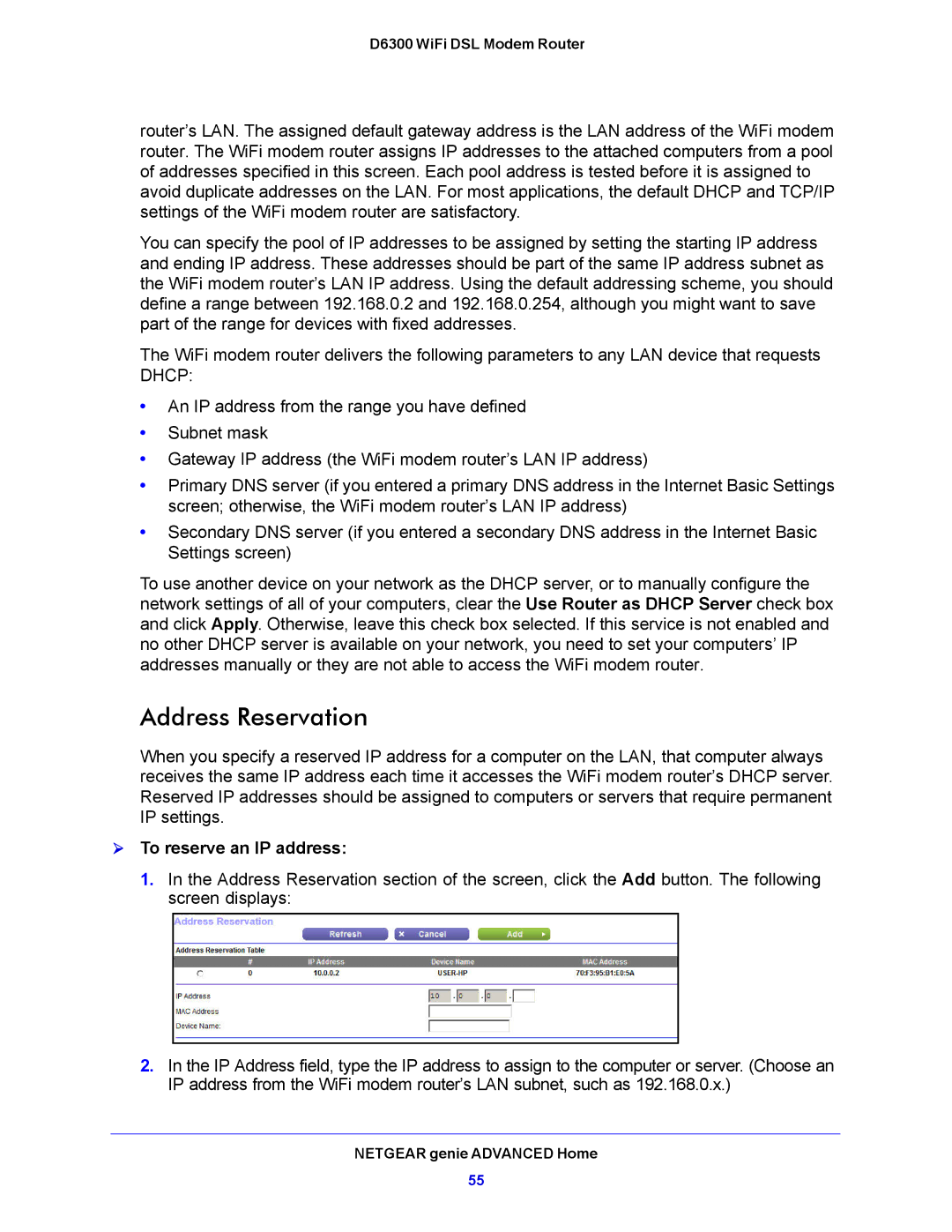 NETGEAR D6300 user manual Address Reservation,  To reserve an IP address 