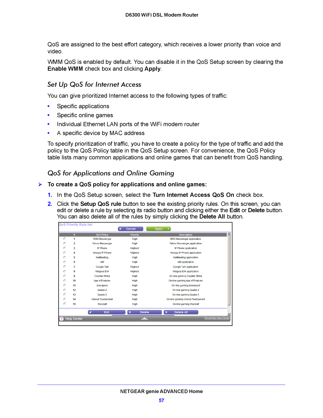 NETGEAR D6300 user manual Set Up QoS for Internet Access, QoS for Applications and Online Gaming 