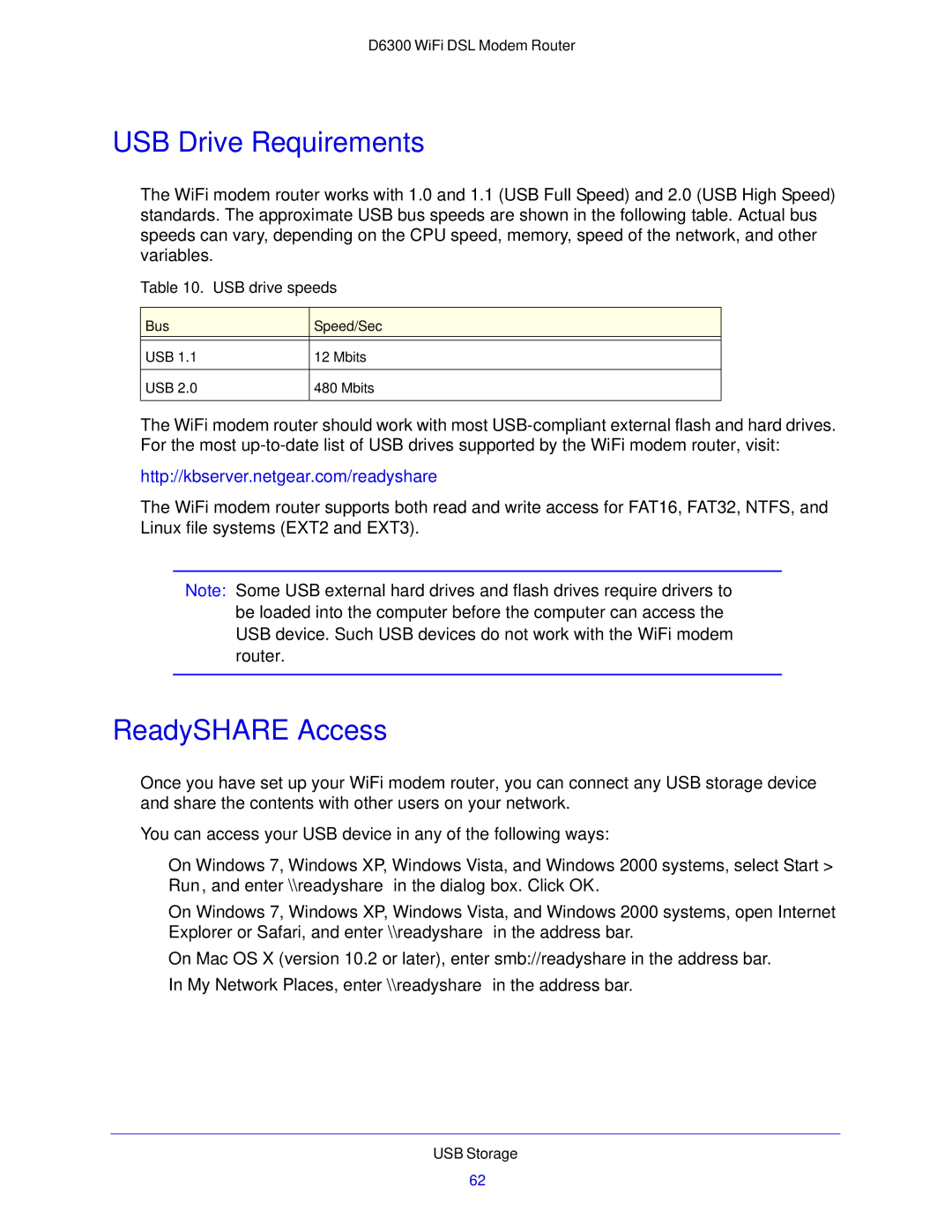 NETGEAR D6300 user manual USB Drive Requirements, ReadySHARE Access 