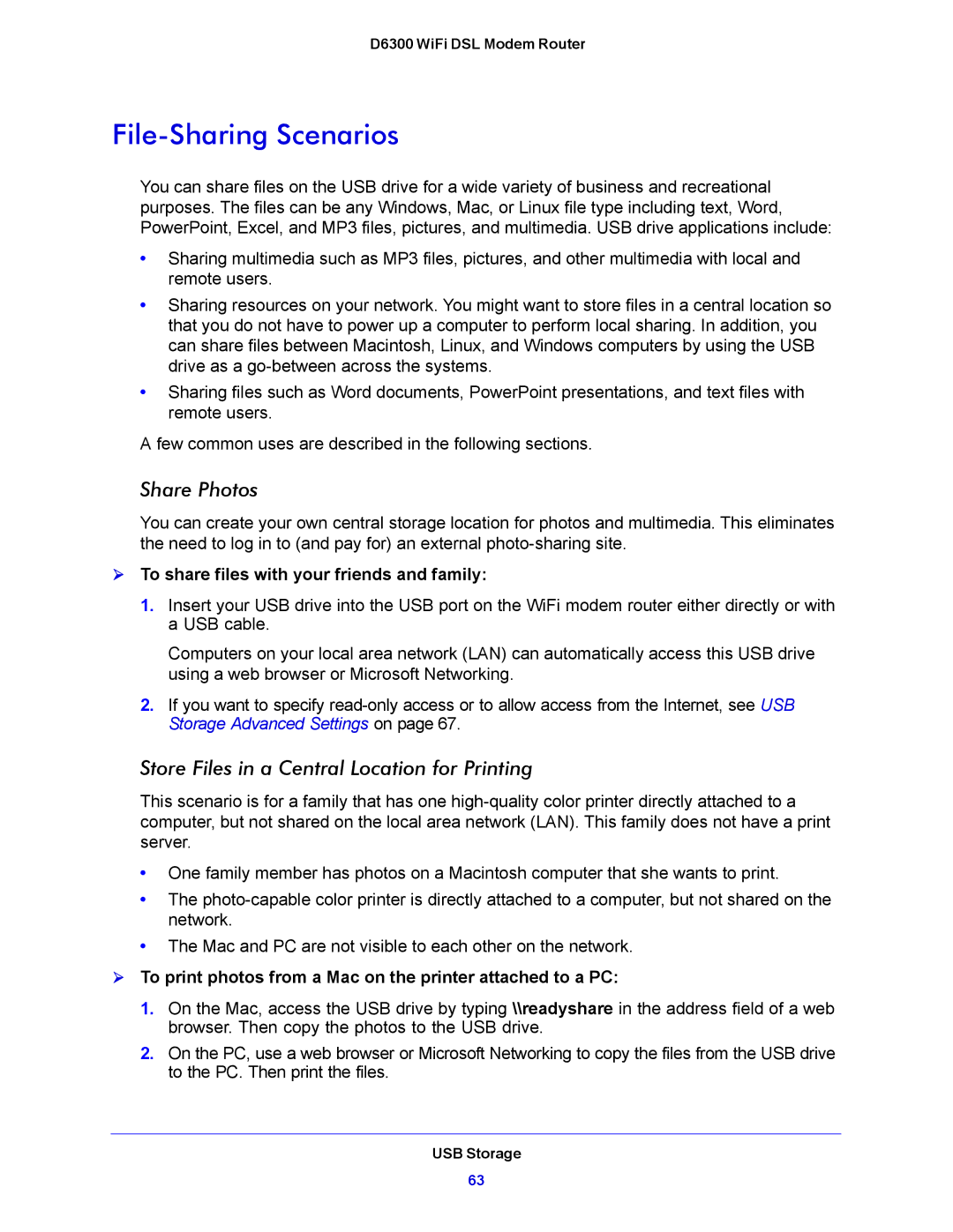 NETGEAR D6300 user manual File-Sharing Scenarios, Share Photos, Store Files in a Central Location for Printing 