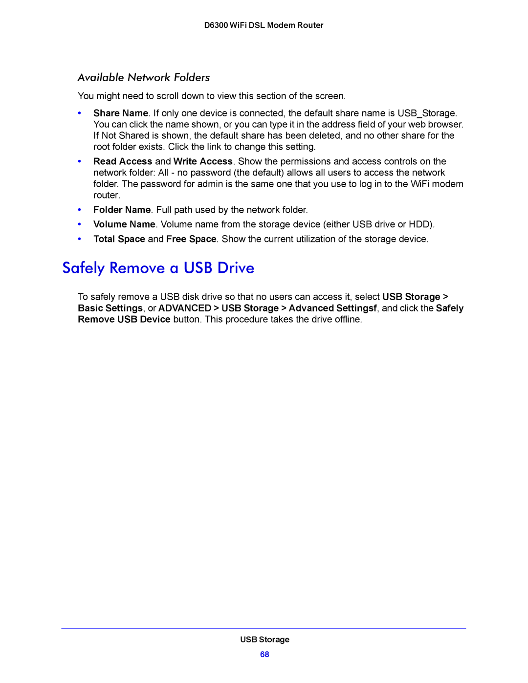 NETGEAR D6300 user manual Safely Remove a USB Drive, Available Network Folders 