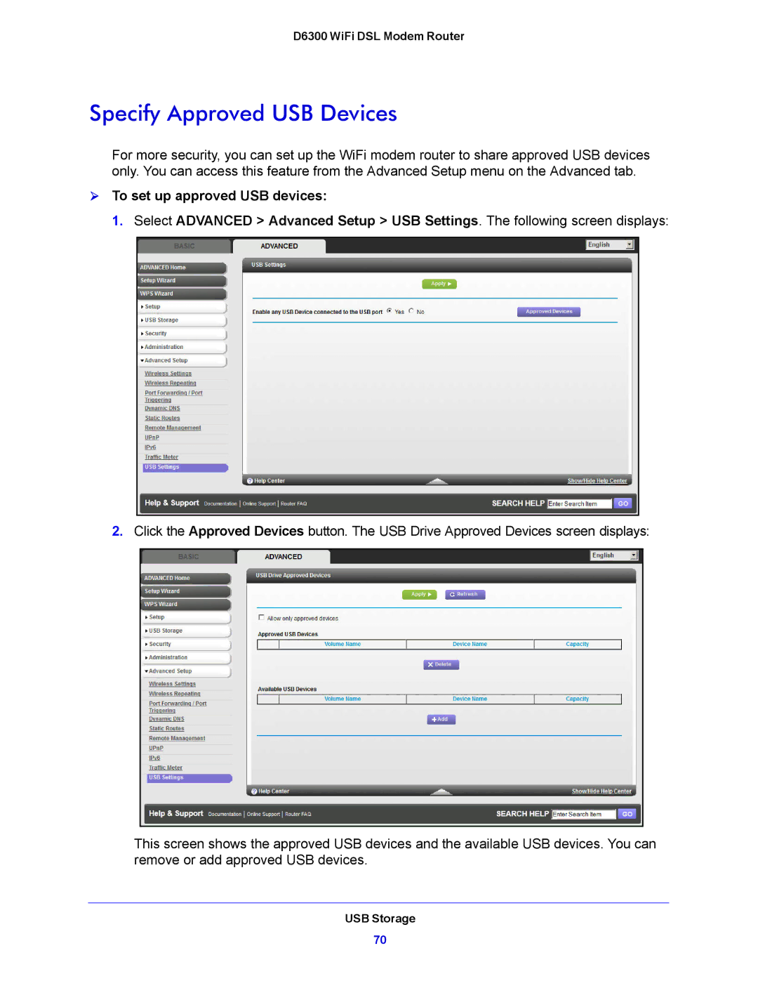 NETGEAR D6300 user manual Specify Approved USB Devices 