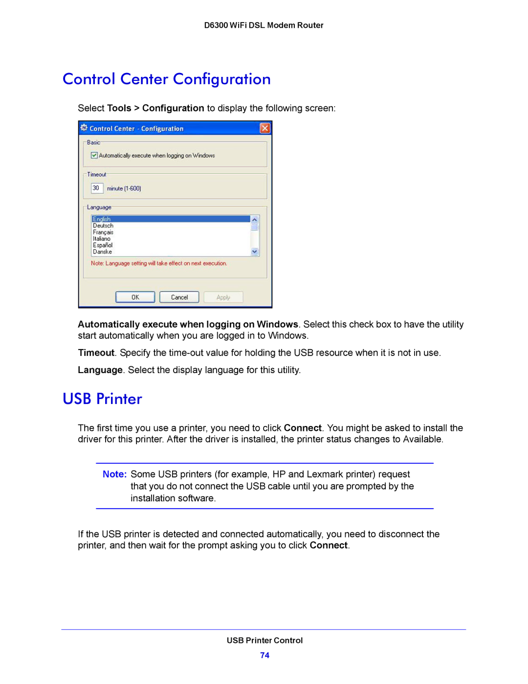 NETGEAR D6300 user manual Control Center Configuration, USB Printer 