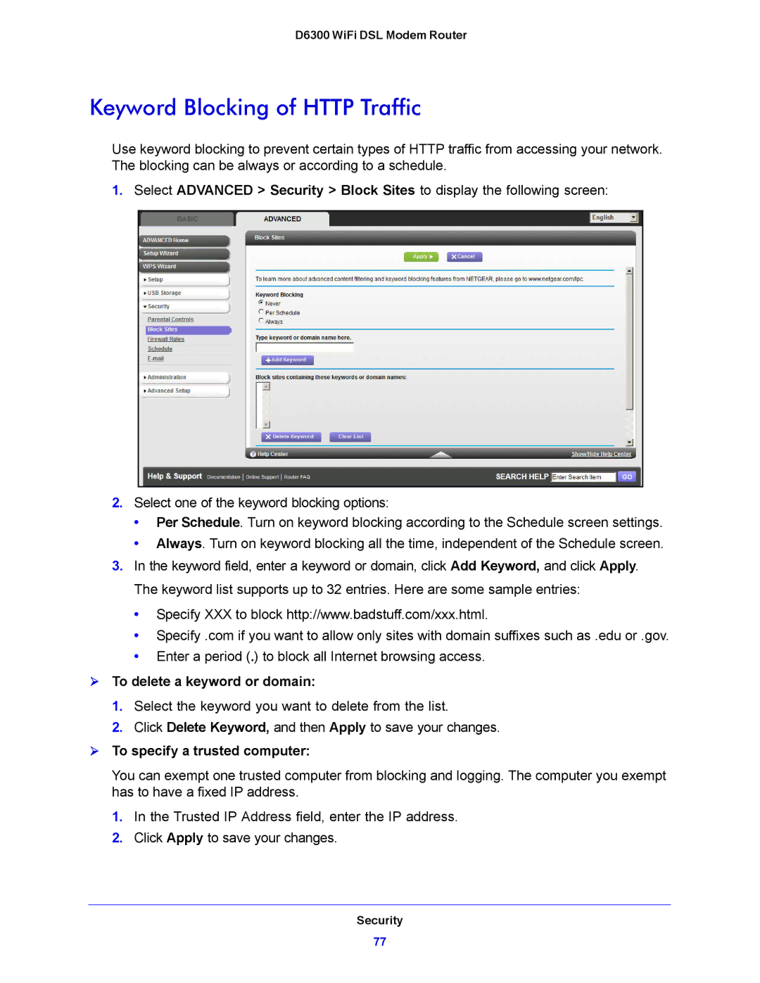 NETGEAR D6300 Keyword Blocking of Http Traffic,  To delete a keyword or domain,  To specify a trusted computer 