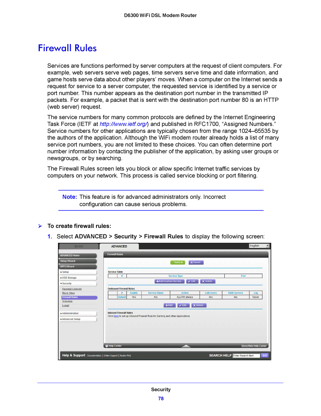 NETGEAR D6300 user manual Firewall Rules,  To create firewall rules 