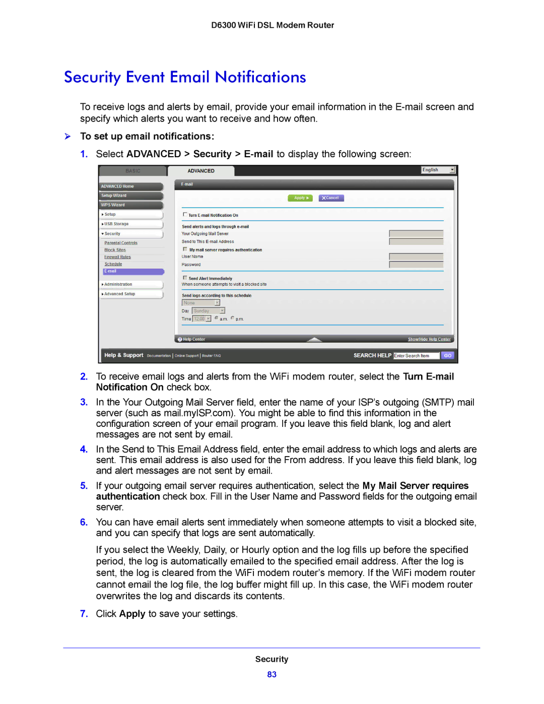 NETGEAR D6300 user manual Security Event Email Notifications,  To set up email notifications 