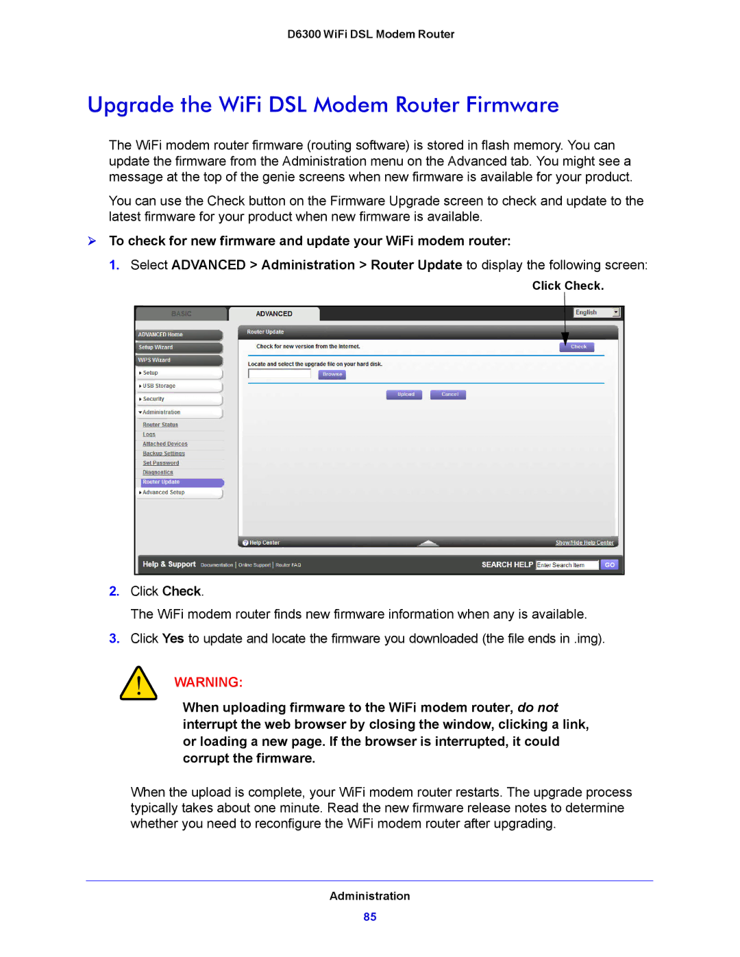 NETGEAR D6300 user manual Upgrade the WiFi DSL Modem Router Firmware 