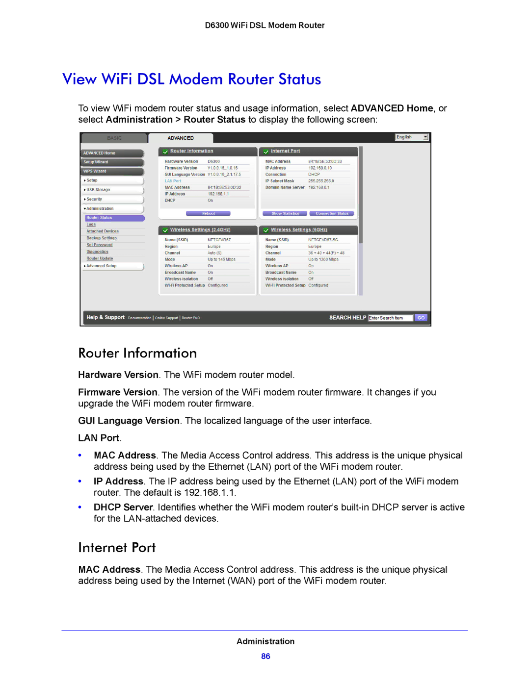 NETGEAR D6300 user manual View WiFi DSL Modem Router Status, Router Information, Internet Port 