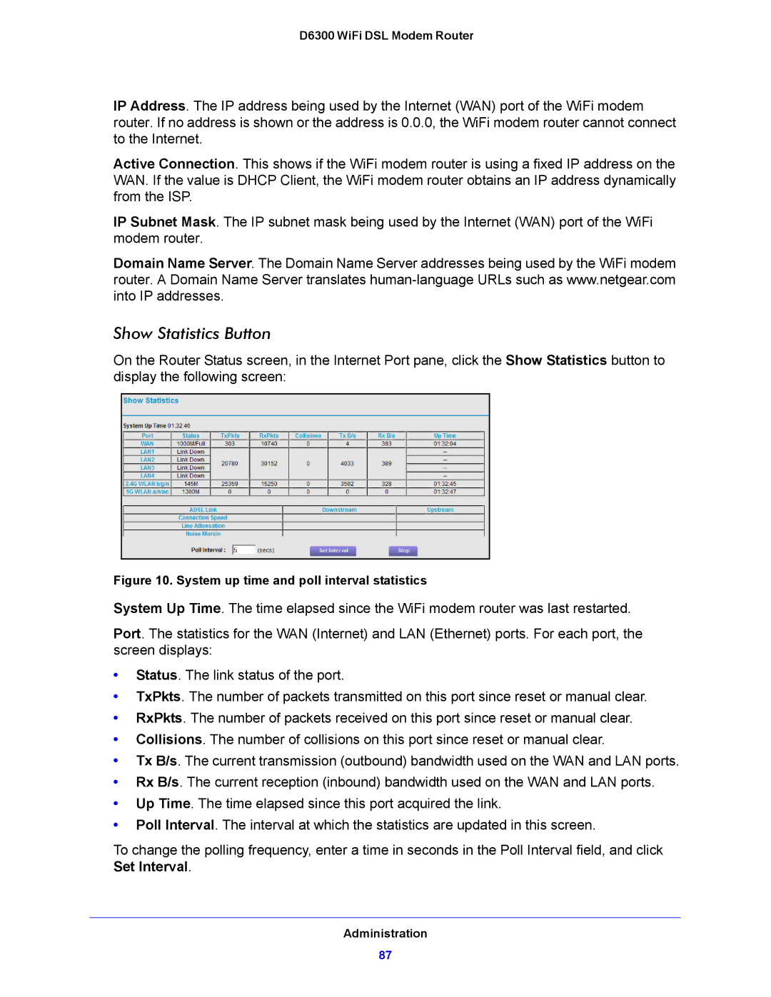 NETGEAR D6300 user manual Show Statistics Button, System up time and poll interval statistics 