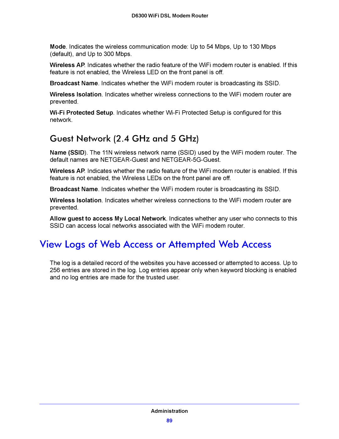 NETGEAR D6300 user manual View Logs of Web Access or Attempted Web Access, Guest Network 2.4 GHz and 5 GHz 