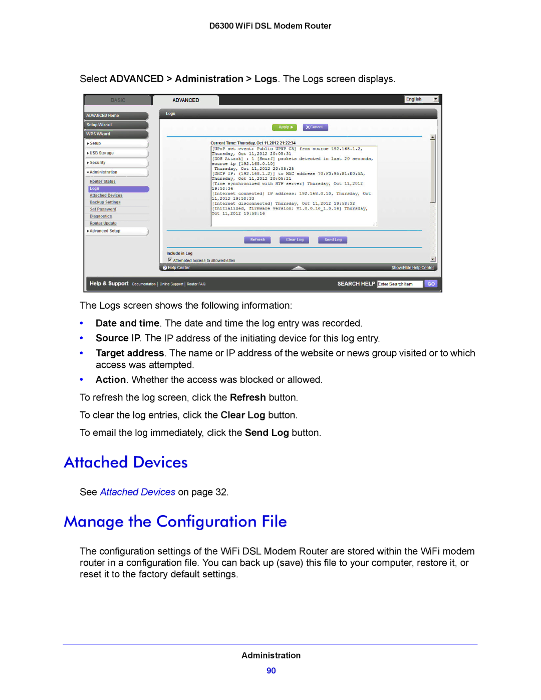 NETGEAR D6300 user manual Attached Devices, Manage the Configuration File 