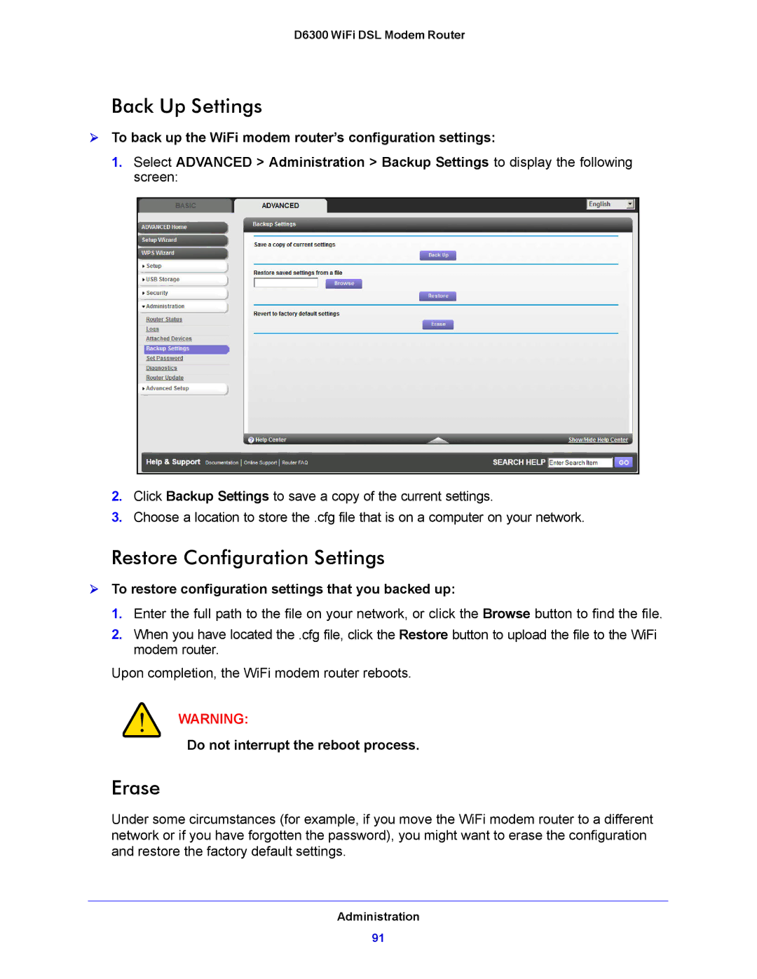 NETGEAR D6300 user manual Back Up Settings, Restore Configuration Settings, Erase 