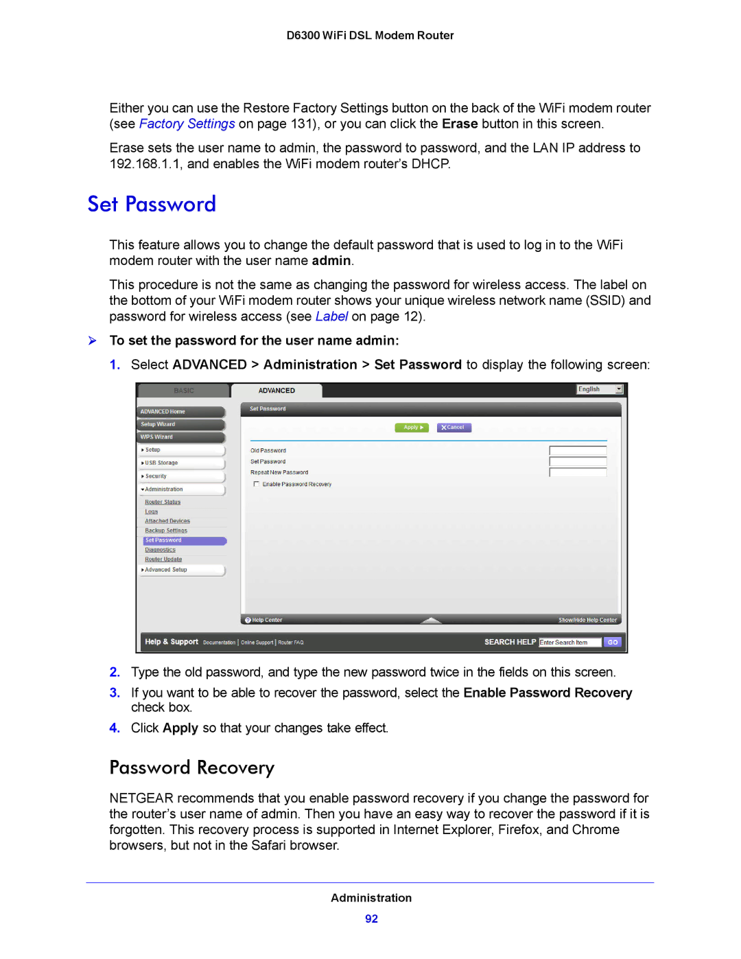 NETGEAR D6300 user manual Set Password, Password Recovery 