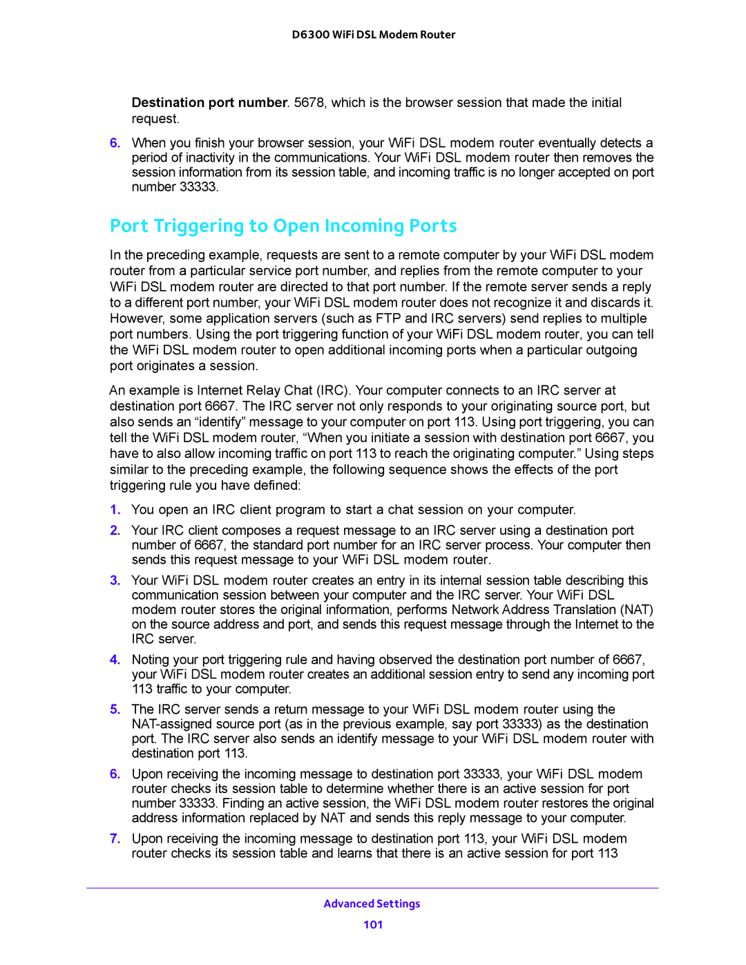 NETGEAR D6300 user manual Port Triggering to Open Incoming Ports 