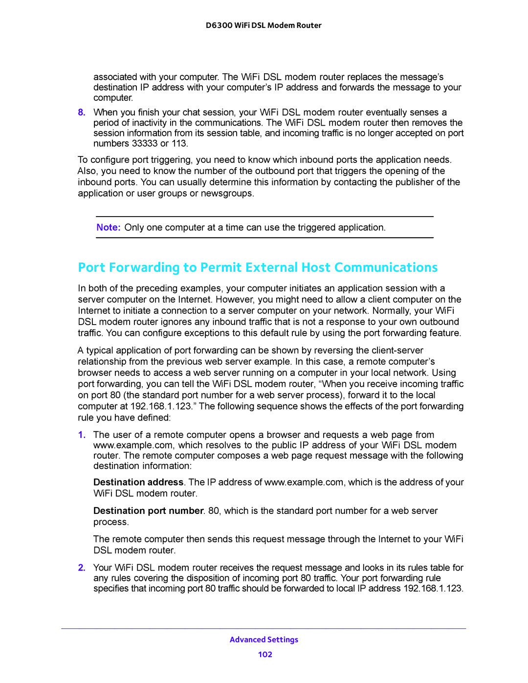 NETGEAR D6300 user manual Port Forwarding to Permit External Host Communications 