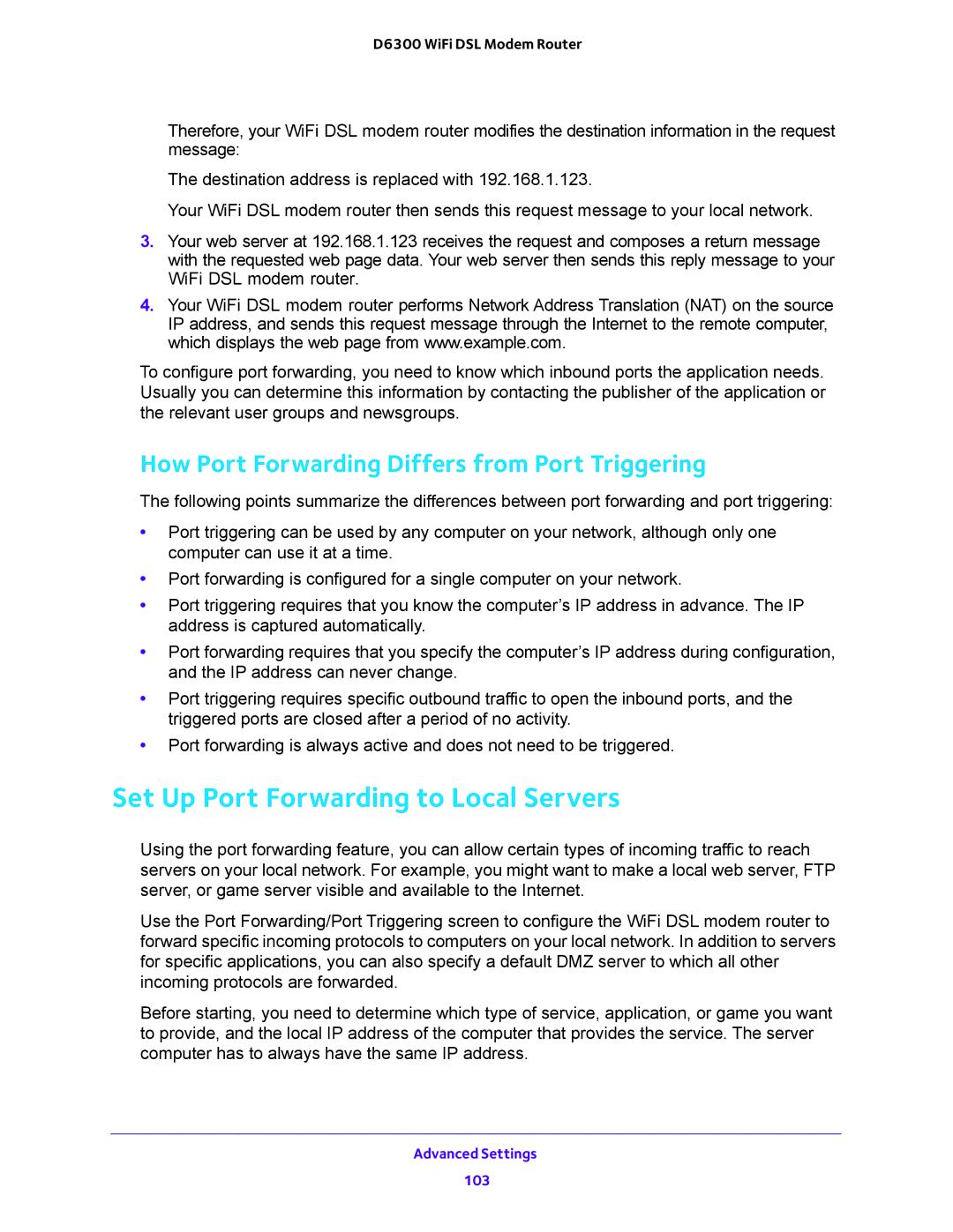 NETGEAR D6300 user manual Set Up Port Forwarding to Local Servers, How Port Forwarding Differs from Port Triggering 