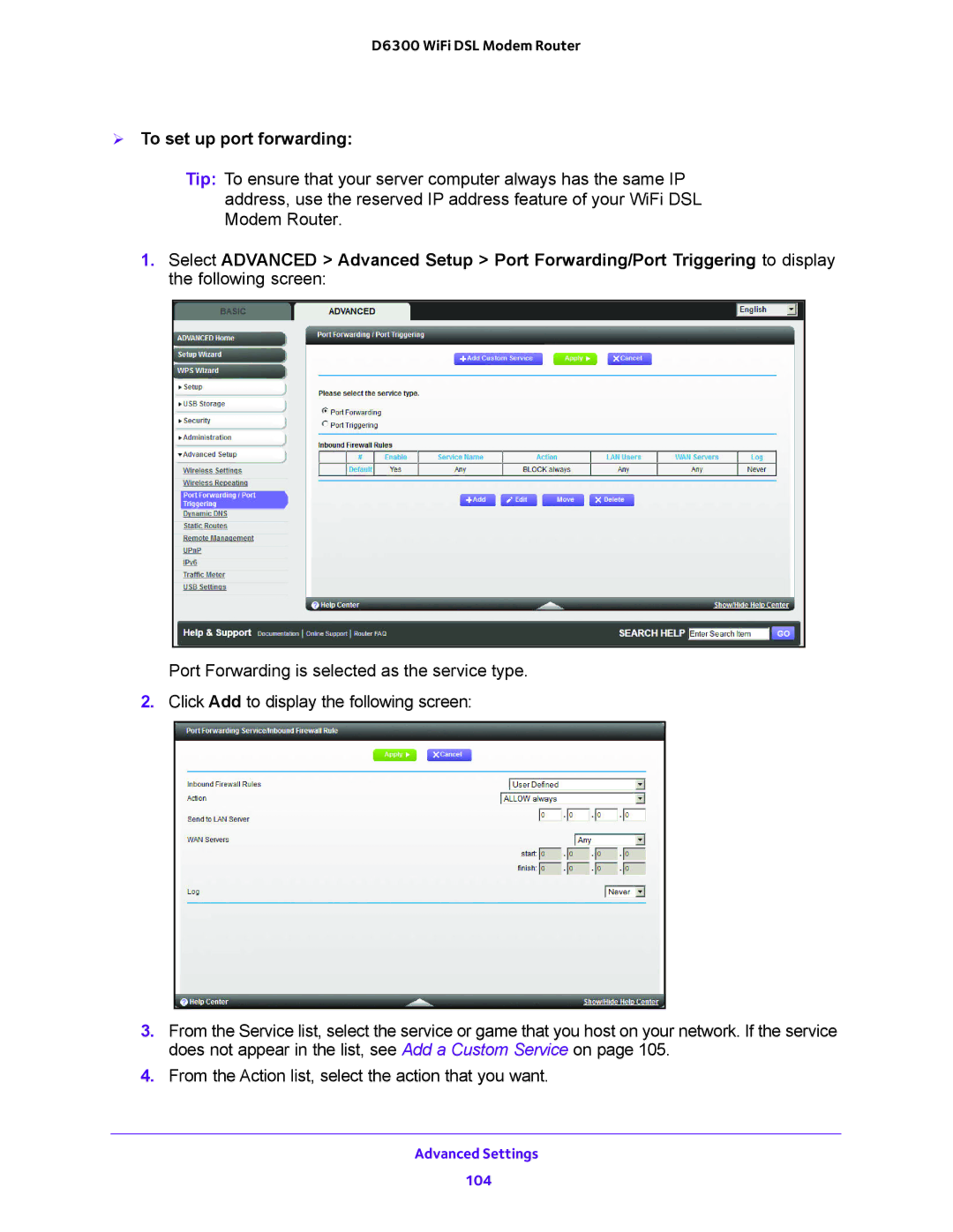 NETGEAR D6300 user manual  To set up port forwarding 