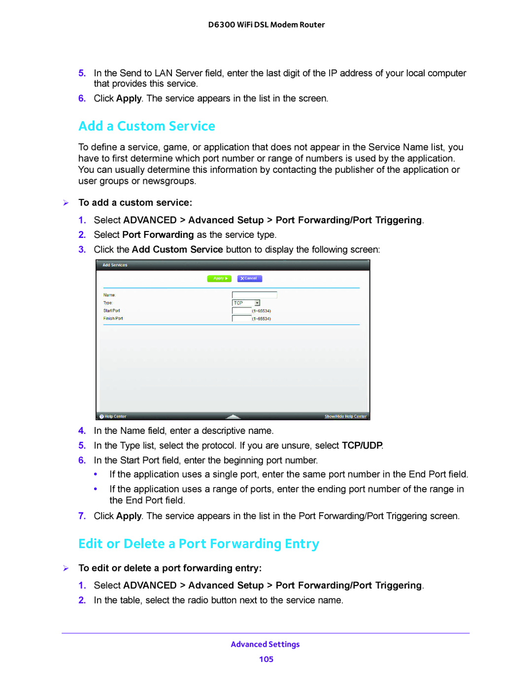 NETGEAR D6300 user manual Add a Custom Service, Edit or Delete a Port Forwarding Entry 