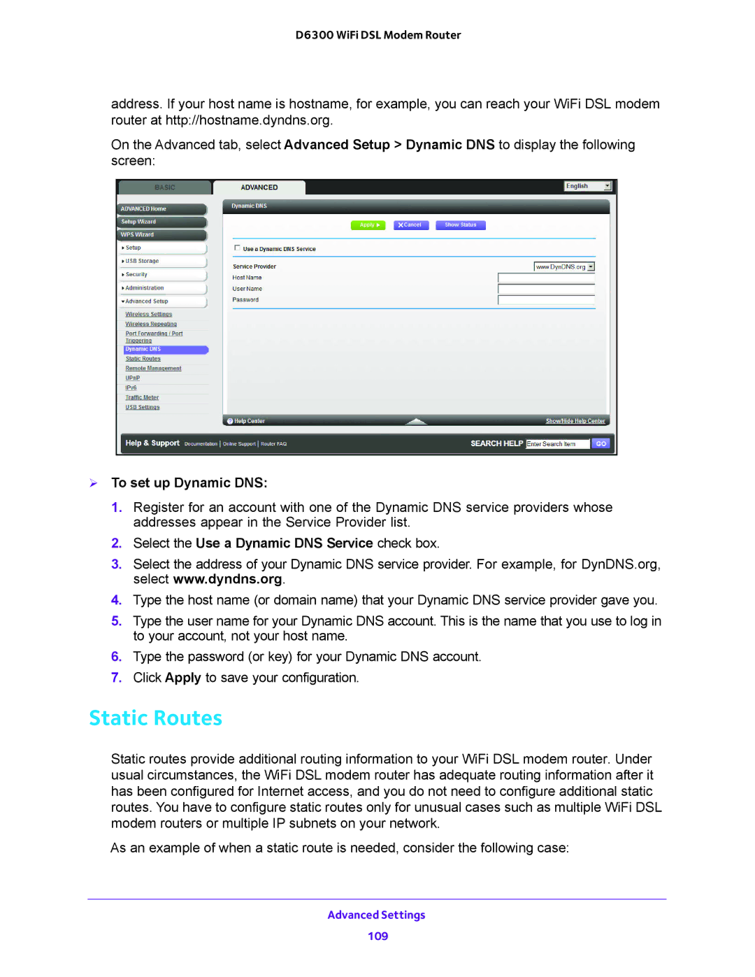 NETGEAR D6300 user manual Static Routes,  To set up Dynamic DNS, Select the Use a Dynamic DNS Service check box 