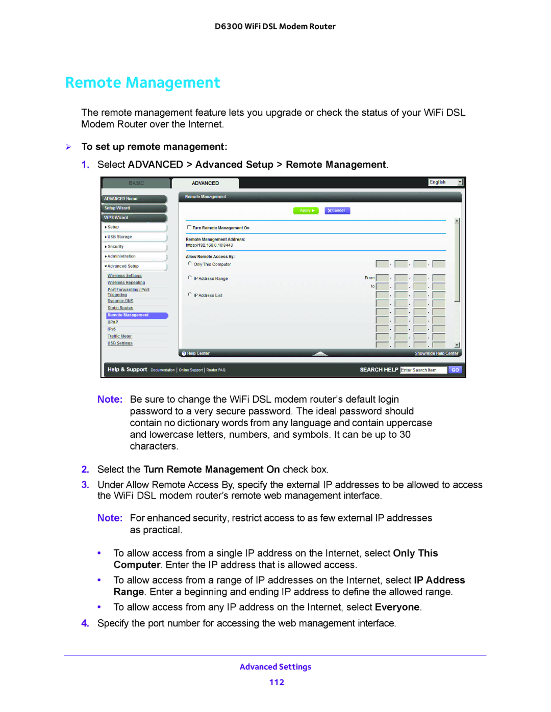 NETGEAR D6300 user manual Remote Management 