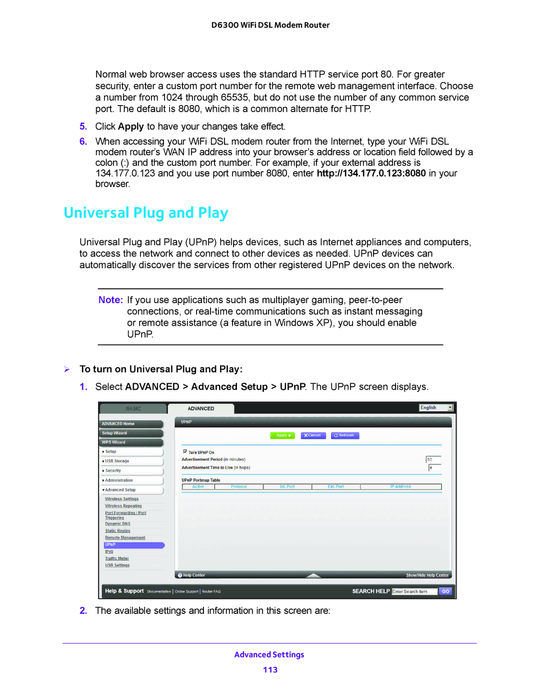 NETGEAR D6300 user manual  To turn on Universal Plug and Play 