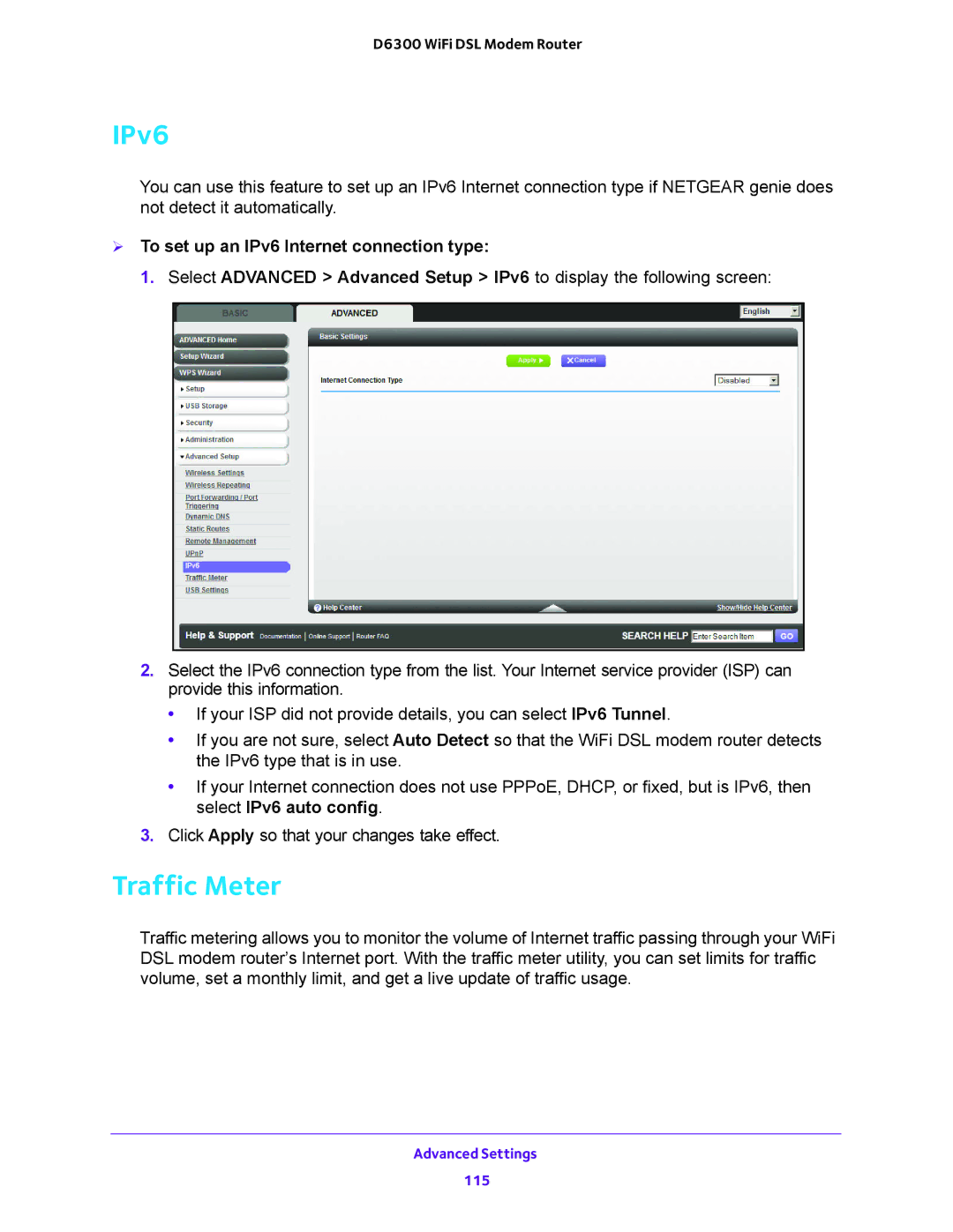 NETGEAR D6300 user manual Traffic Meter,  To set up an IPv6 Internet connection type 