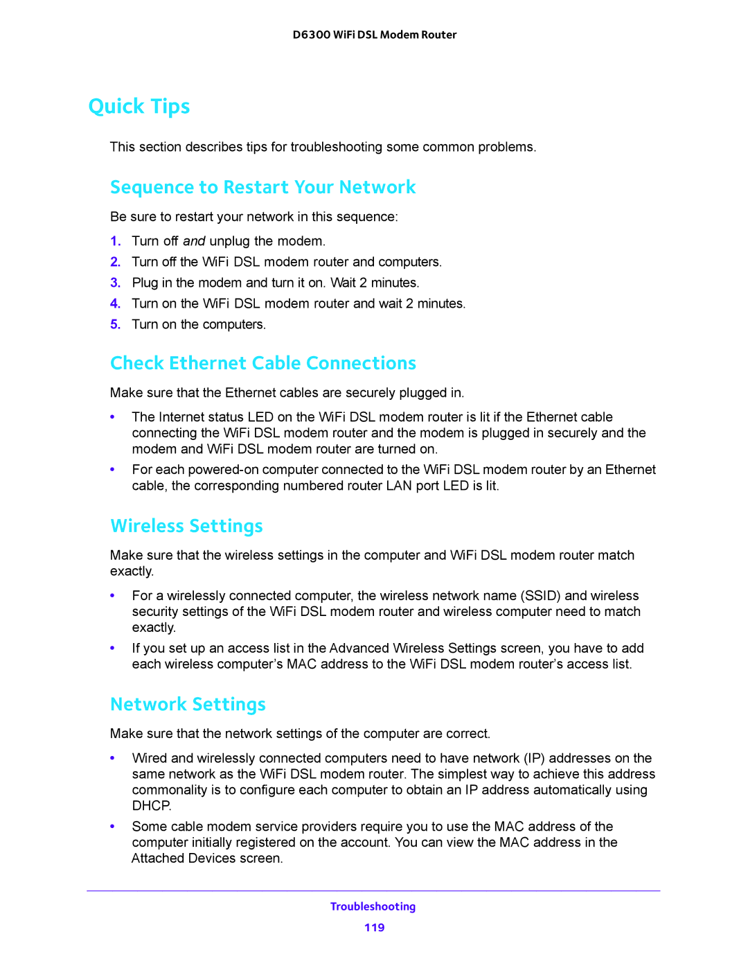 NETGEAR D6300 user manual Quick Tips, Sequence to Restart Your Network, Check Ethernet Cable Connections, Wireless Settings 