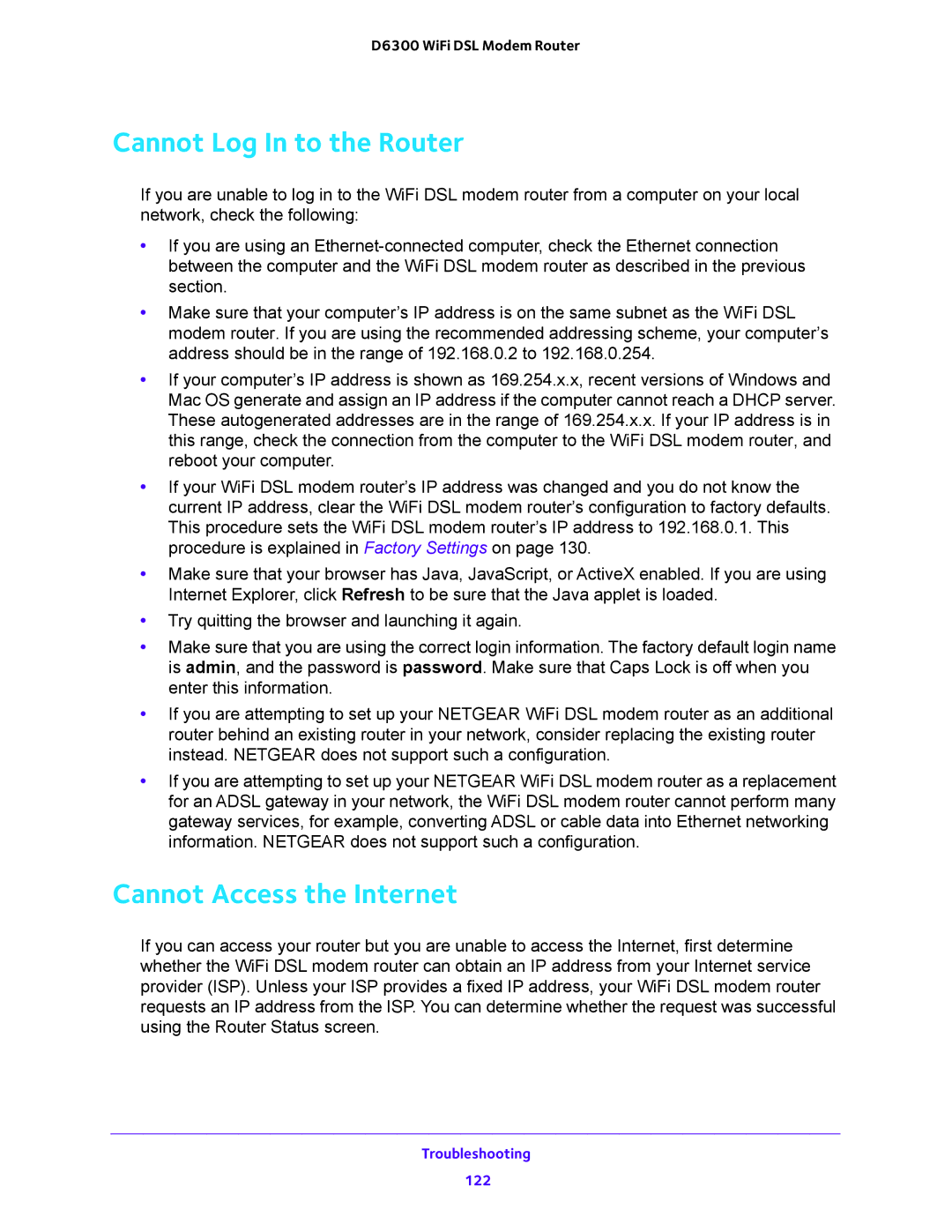 NETGEAR D6300 user manual Cannot Log In to the Router, Cannot Access the Internet 