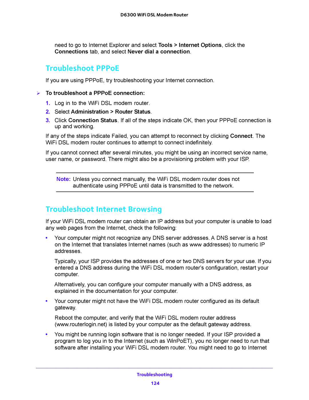 NETGEAR D6300 user manual Troubleshoot PPPoE, Troubleshoot Internet Browsing,  To troubleshoot a PPPoE connection 