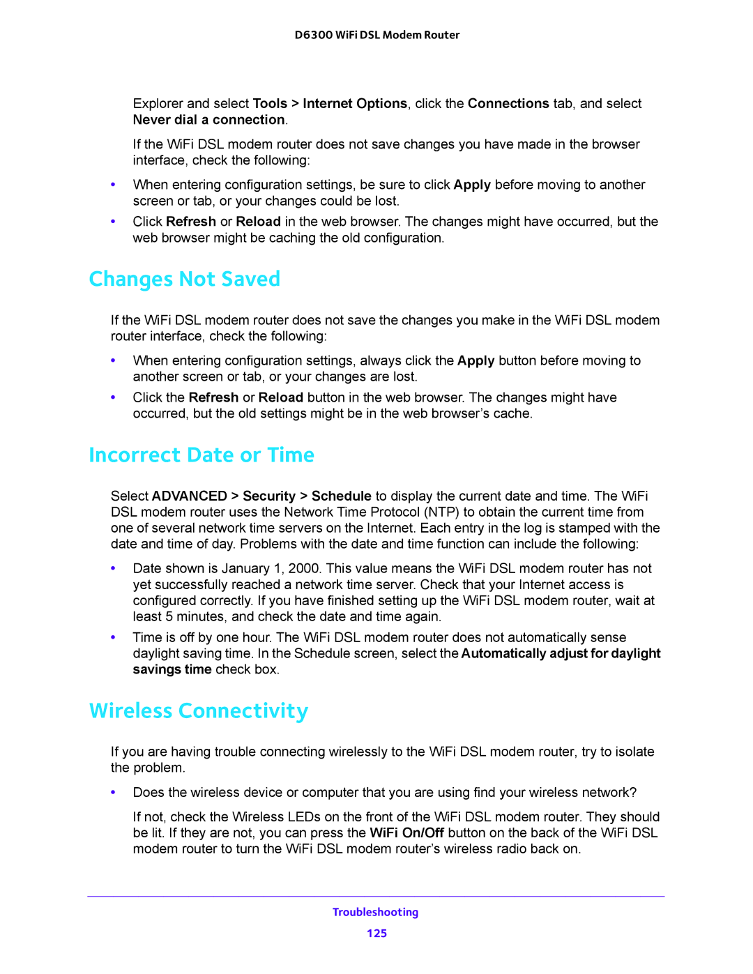 NETGEAR D6300 user manual Changes Not Saved, Incorrect Date or Time, Wireless Connectivity 